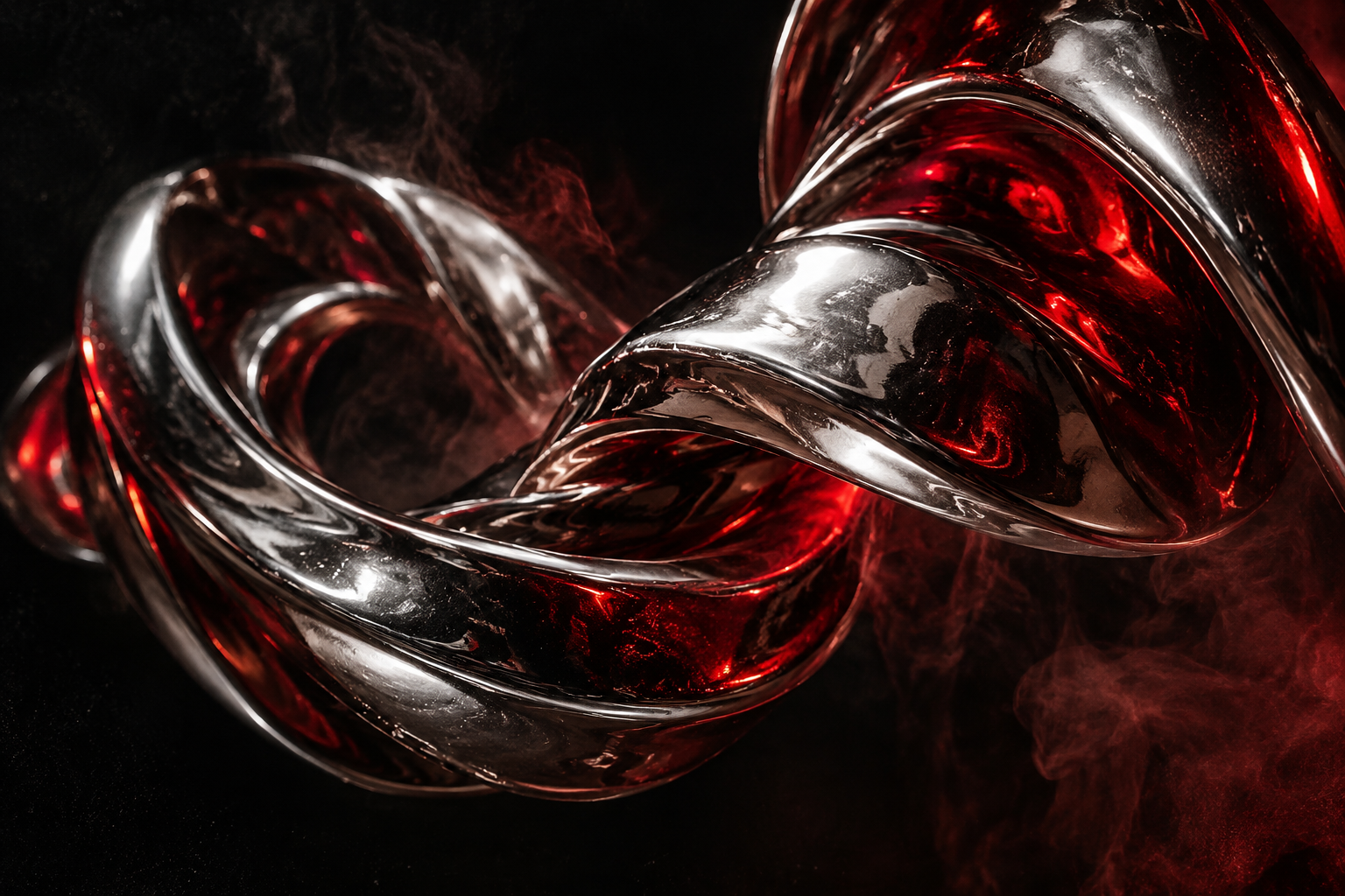 Twisted chrome sculpture reflecting crimson light in a dark, smoky space